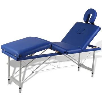 Fällbar massagebänk med fyra sektioner i aluminium och blå färg: Den ultimata komforten