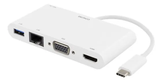 DELTACO USB-C Multiadapter - HDMI/VGA och nätverk, vit