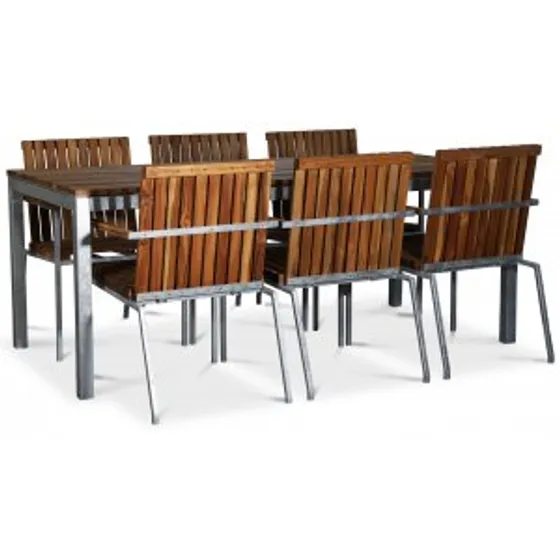 Alva utematgrupp med 6 stolar och bord 190x90 cm - Teak / Galvaniserat stål + Möbelvårdskit för textilier