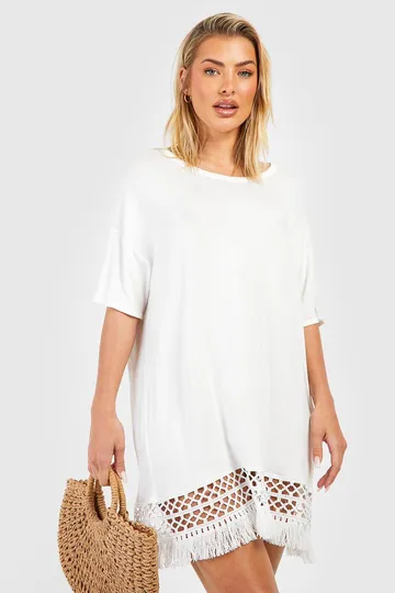 Virkad Strandklänning Med Fransar, White