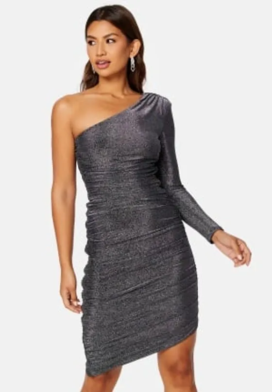 Goddiva One Shoulder Glitter Mini Dress Black/Silver XS (UK8)