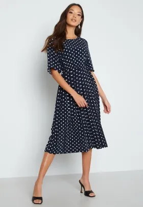 Happy Holly Eloise pleated dress Dark blue / Dotted 40/42