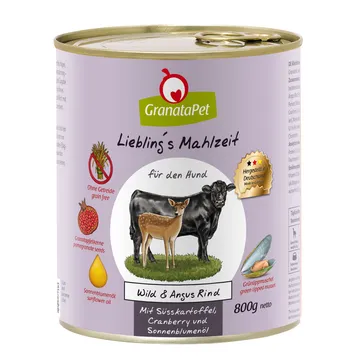 GranataPets Liebling's Mahlzeit 6 x 800 g Vilt & Angus nötkött - hälsosamt och närande foder för din hund