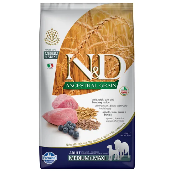 Farmina N&D Ancestral Grain Adult Medium & Maxi med lamm & blåbär - 12 kg